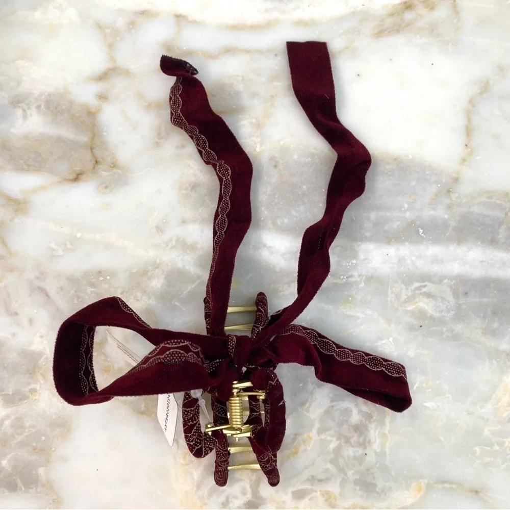 Anthropologie Set of 3 Ribbon Gold Claw Hair Clips Olive + Gray + Burgundy NWT